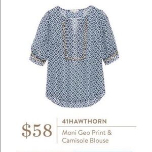 41 Hawthorn • Stitch Fix Moni tunic blouse sheer turquoise navy geo print